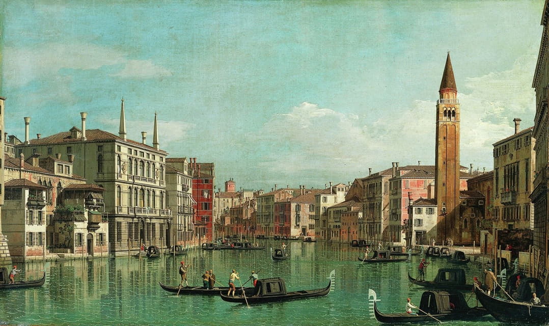 威尼斯大运河（Grand Canal，Venice），向东南看，卡里特河（Campo della Caritá）在右边