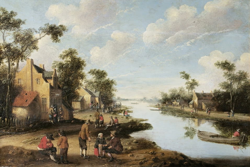 Cornelis Droochsloot - A River Landscape With Figures Resting Near An Inn