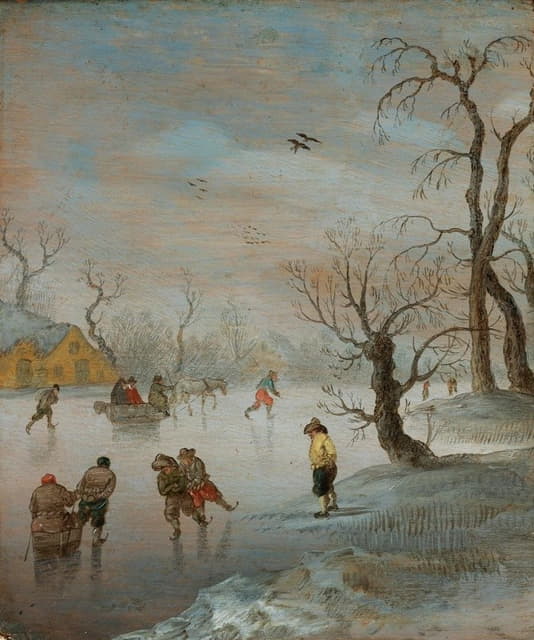 Anthonie Verstraelen - Skaters And A Horse-Drawn Sledge On A Frozen Waterway