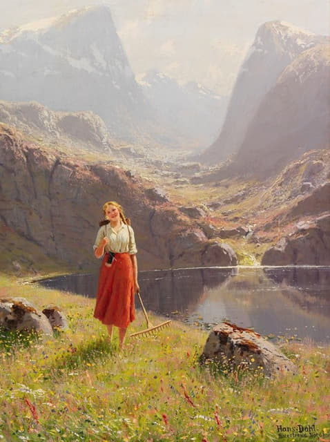 Hans Andreas Dahl - Summer by the Norwegian fjord – girl returning home with a rake and box