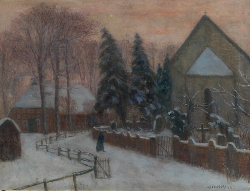 冬日的傍晚，费舍尔胡德教堂与家屋