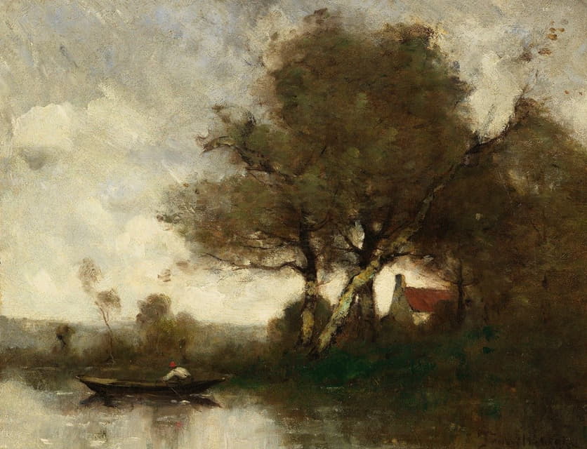 Paul Désiré Trouillebert - River landscape with a house and man in a boat