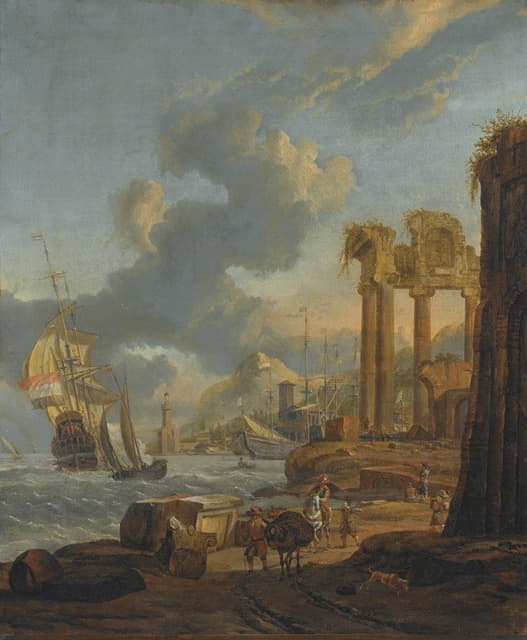 地中海港口的一幕，岸上有游客，左边是一位荷兰军人