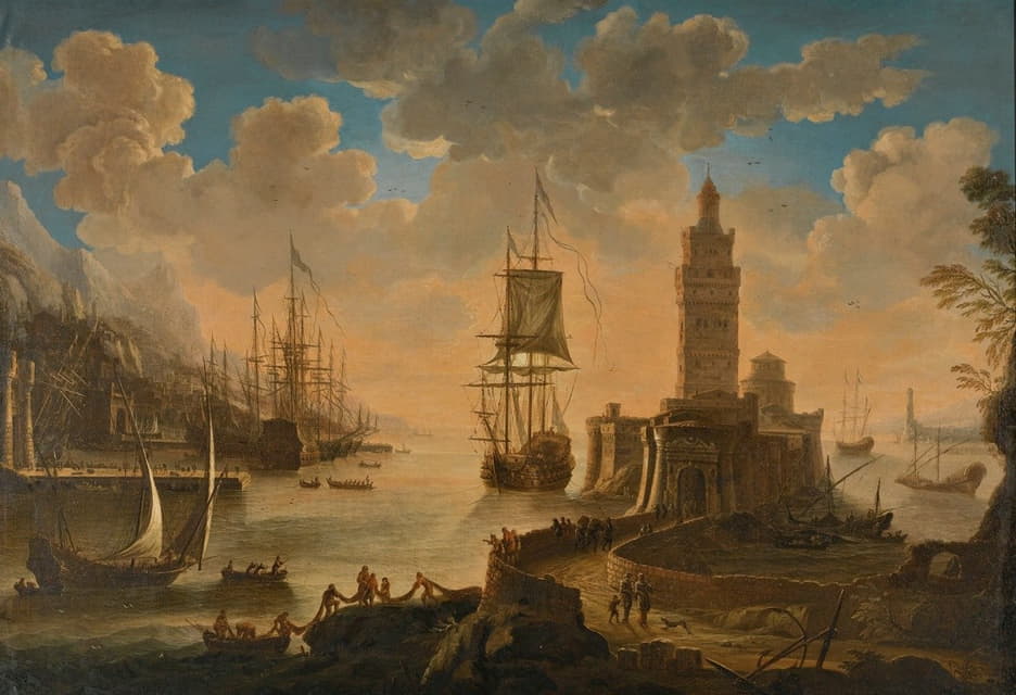 Alessandro Grevenbroeck - A Capriccio Of Shipping In A Mediterranean Harbour, With Fishermen Unloading Their Boat In The Foreground