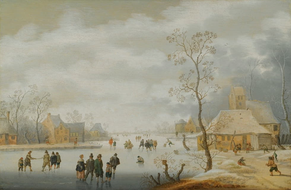 一幅冬季风景画，画中的人物在村庄旁边结冰的河流上滑冰