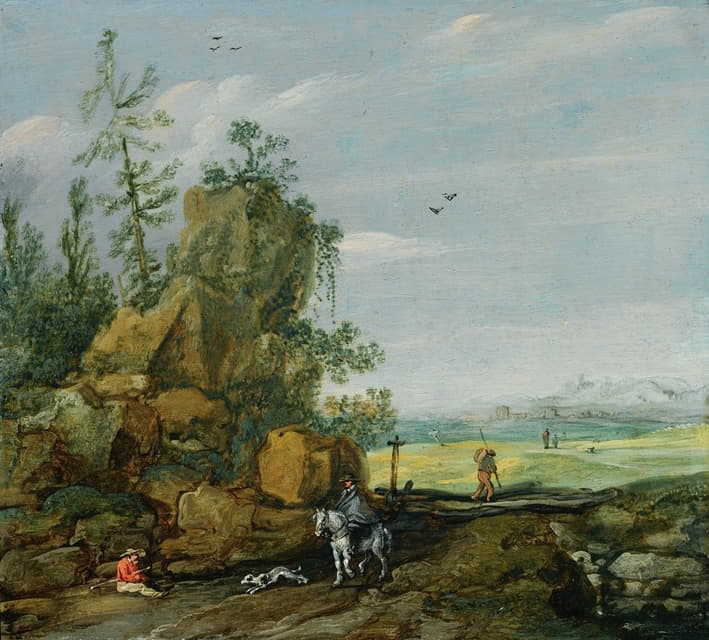 Esaias van de Velde - A Rocky Landscape With Travellers And A Horseman On A Path, A View Of A Town In The Distance