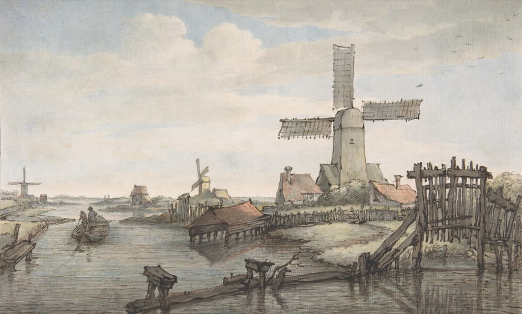 Jan Hulswit - View of a Canal with Three Windmills