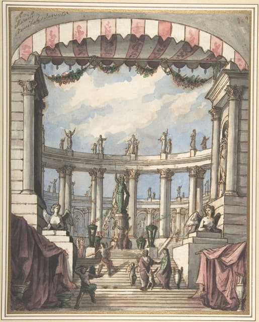 舞台布景设计；带有密涅瓦雕像的古典庭院和柱廊