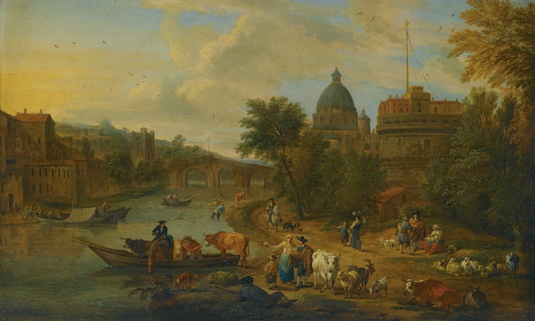 罗马，带着圣安杰洛城堡的泰伯河的随意景色，农民们在河岸上放牛