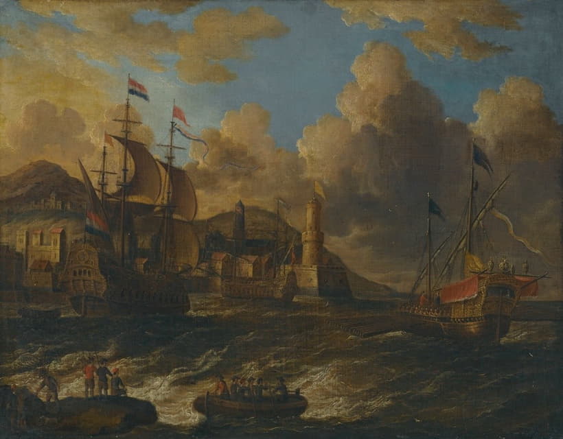 荷兰人的船只在一个设防城镇的海岸外出海