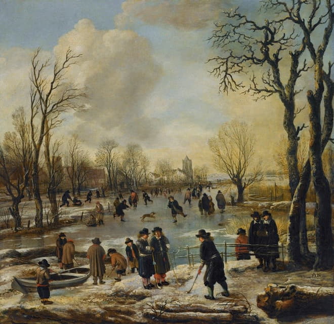 冬天的景色，村民们在结冰的运河上滑冰和玩Kolf，远处的一个村庄