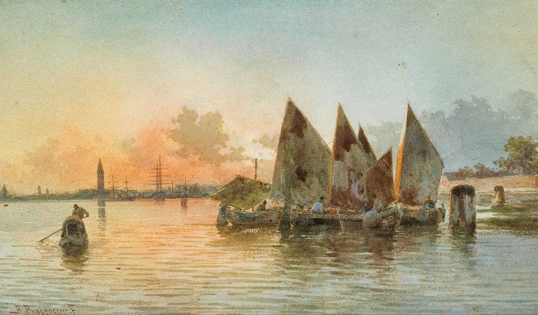 威尼斯前面的小船，背景是S.乔治·马焦雷