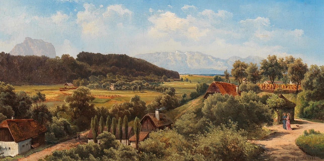 Carl Franz Emanuel Haunold - Ansicht vom Schloß Wimsbach gegen das Höllengebirge und dem Traunstein