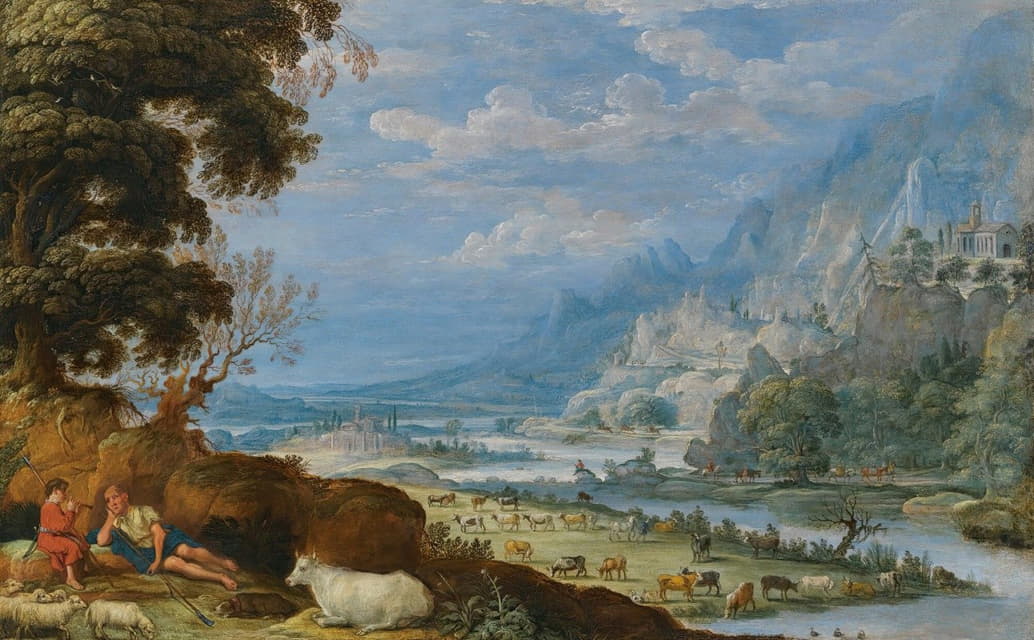 David Teniers The Elder - An Extensive River Landscape With Mercury And Argus