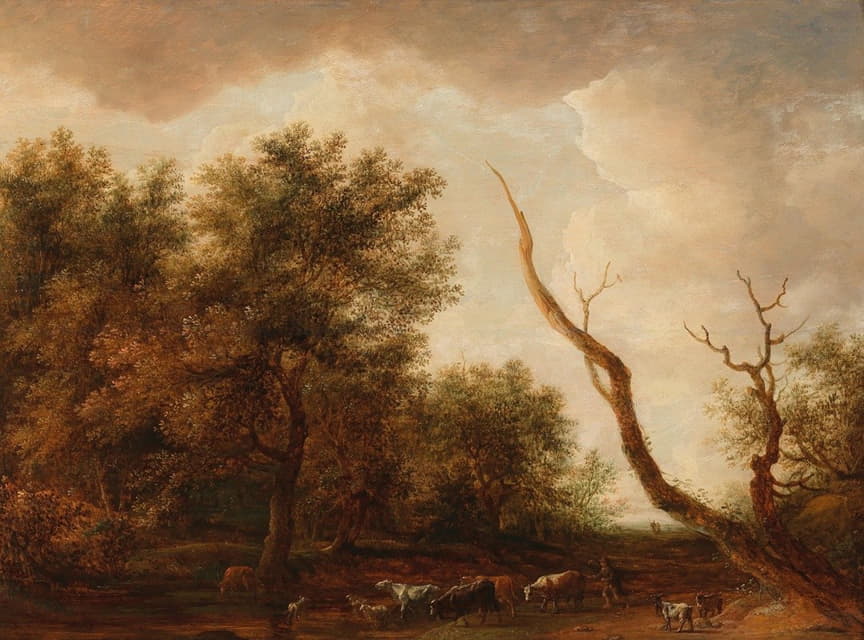 Dirck Dalens - A wooded landscape with a shepherd and his flock