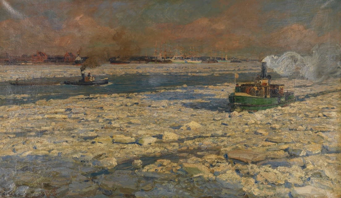 Friedrich Kallmorgen - Grüner Fährdampfer im Eis auf der Elbe. ‘Wintersonne’