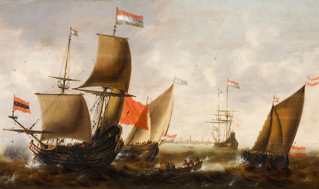 荷兰船只在阿姆斯特丹海岸外波涛汹涌的海上航行