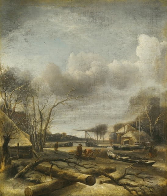 Jan van de Cappelle - Winter Landscape With A Man Fixing A Sled At The Edge Of A Frozen River