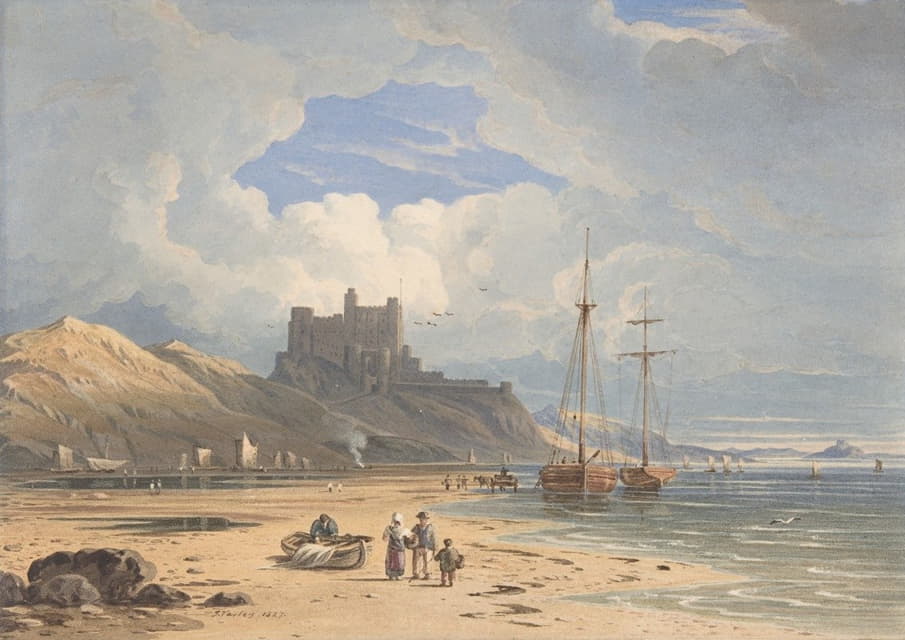 John Varley - Bamborough Castle from the Northeast, with Holy Island in the Distance, Northumberland