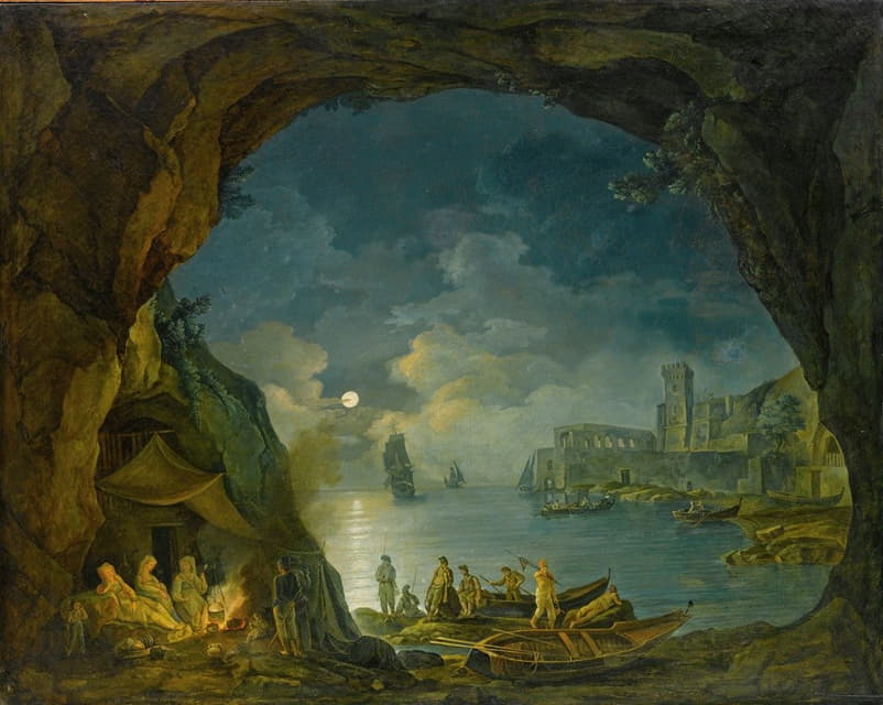Joseph Rebell - Paesaggio Notturno Con Astanti In Una Grotta Mediterranea