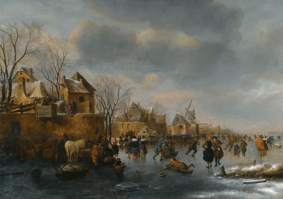 Nicolaes Molenaer - An Extensive Winter Landscape With Numerous Figures On The Ice