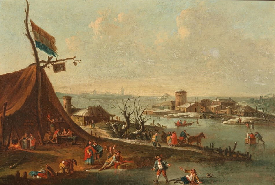 Pieter Bout - A winter harbour scene with ice-skaters