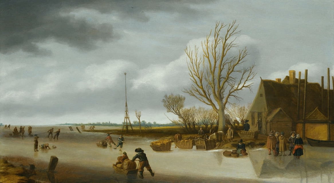 Salomon van Ruysdael - Winter Landscape With A Boy On Skates Pushing A Sled
