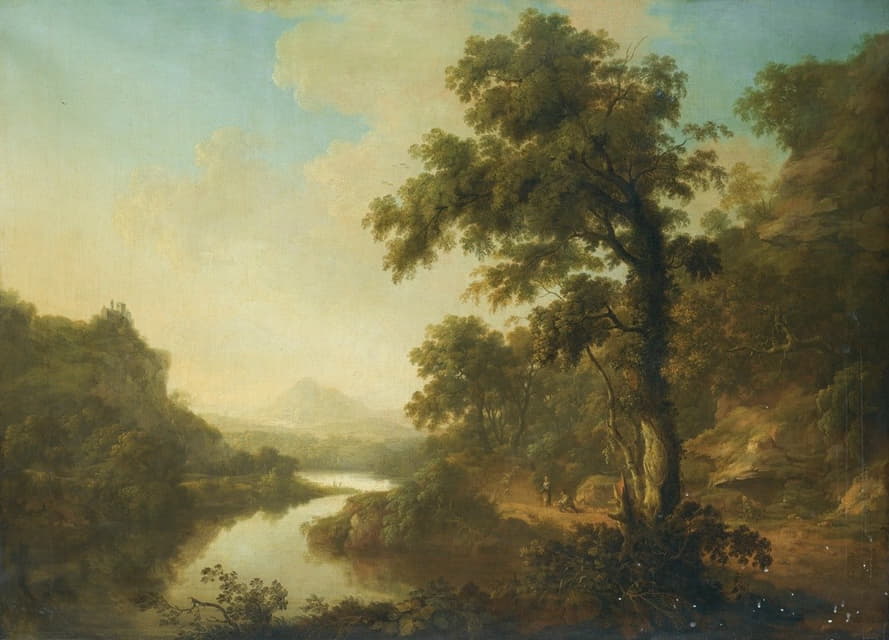 Thomas Roberts - A Wooded River Landscape With Figures On A Path