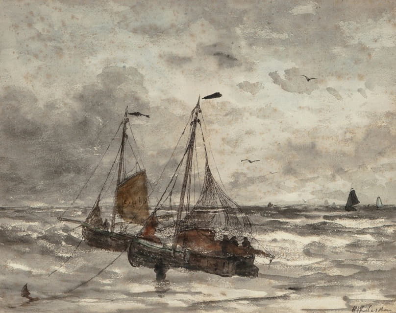 在波涛汹涌的海面上抛锚的渔船