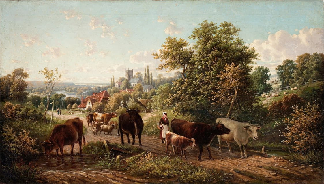 E. R. Van Hampe - Extensive Landscape near Hereford Cathedral and the River Wye