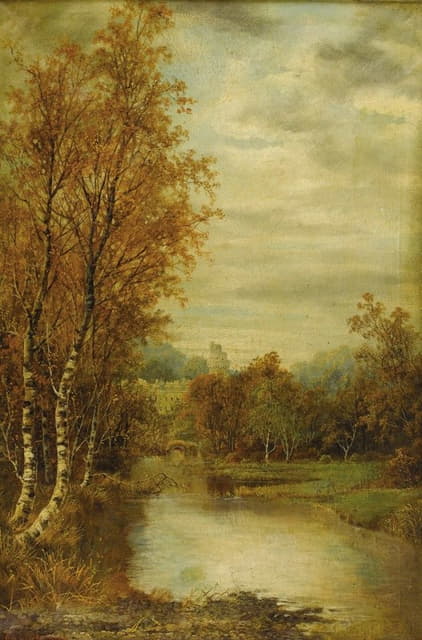 带池塘和城堡塔的秋季景观