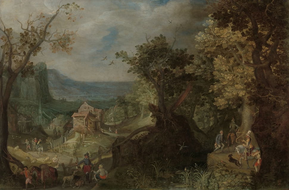 猎人和骑手在一条树木繁茂的路上，远处山谷中有一个村庄