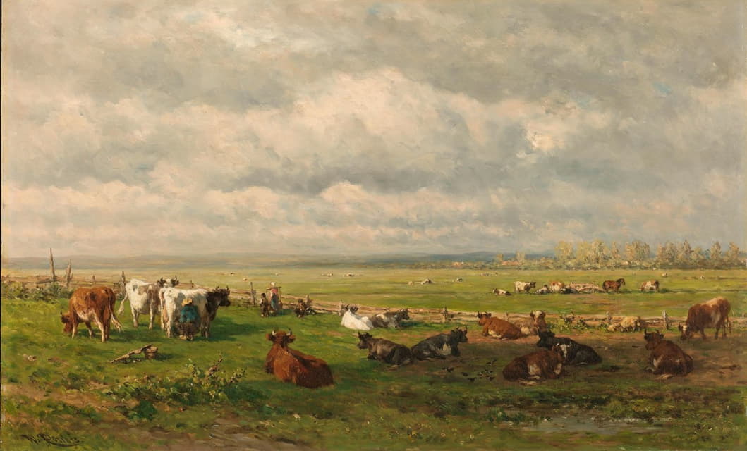 Willem Roelofs - Meadow Landscape with Cattle