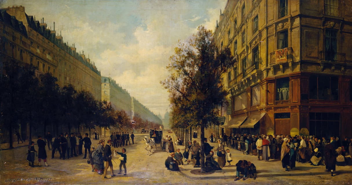 Alfred Decaen - Queue à la porte d’une épicerie (angle de la rue Réaumur et du boulevard Sébastopol) en novembre 1870