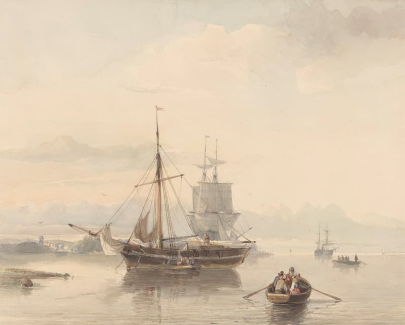 Johan Adolph Rust - Rivierlandschap met sloepen en zeilschepen