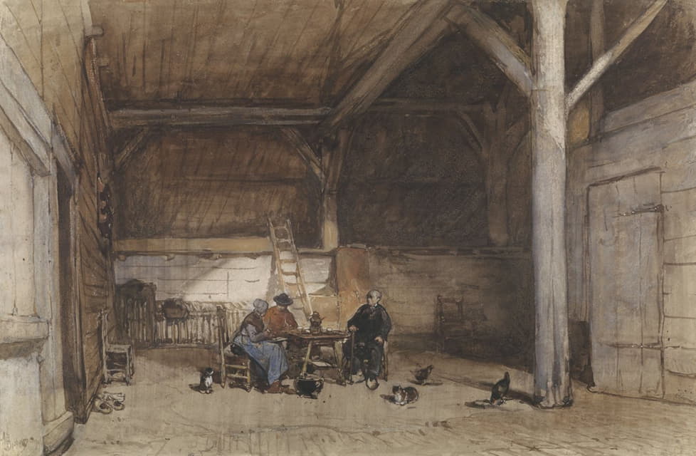 Johannes Bosboom - Boereninterieur met twee mannen en een vrouw aan een tafel, verder enkele kippen en katten