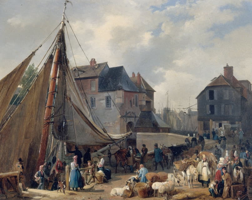 Auguste Xavier Leprince - Le port d’Honfleur, l’embarquement des bestiaux