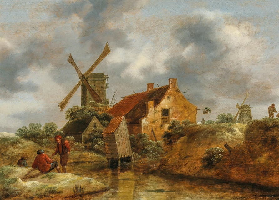 Claes Molenaer - A dune landscape with peasants by a farmhouse and windmills