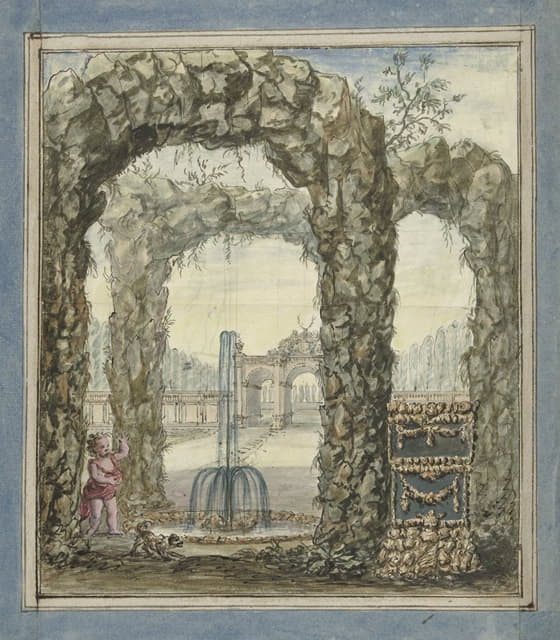 Elias van Nijmegen - Ontwerp voor een kamerbeschildering met stenen bogen met een fontein en zicht op een tuin