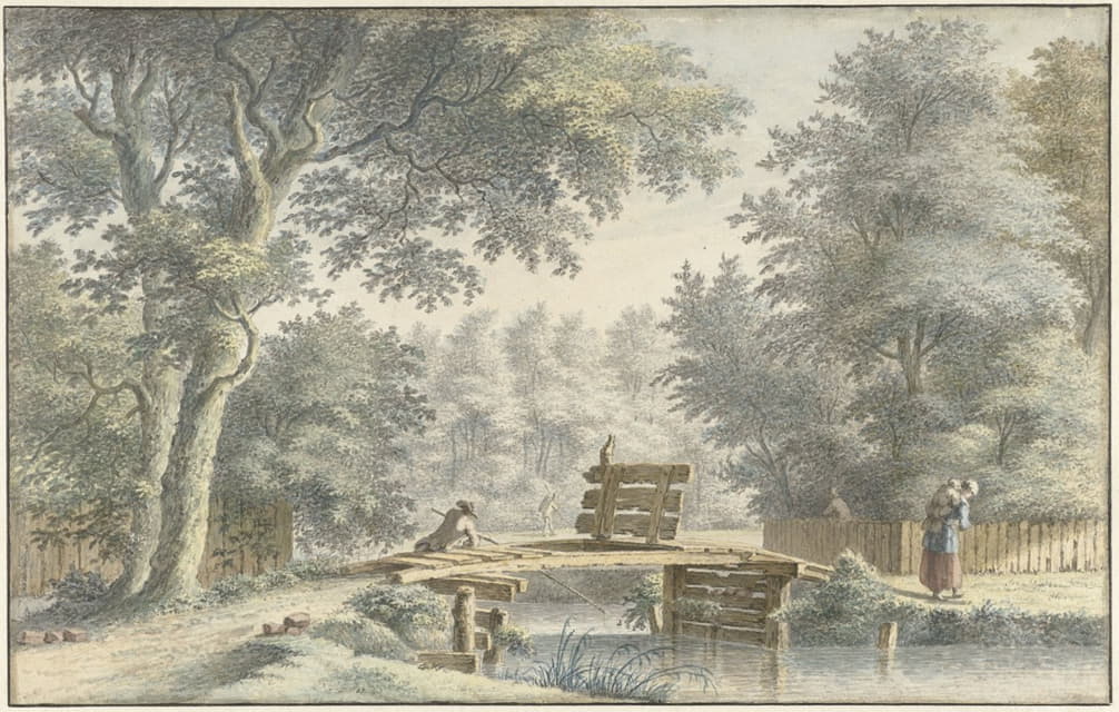 Gerard van Rossum - Landschap met een brug waarop een hengelaar