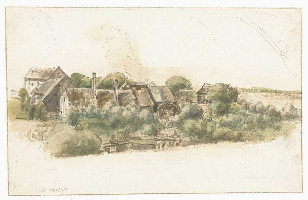 Gillis Neyts - Gezicht op enkele huizen en een watermolen tussen bomen