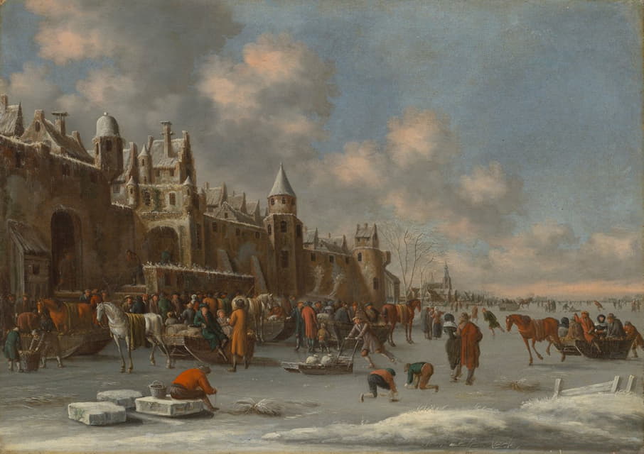 一幅冬季风景画，在靠近城墙的冰冻湖面上滑冰