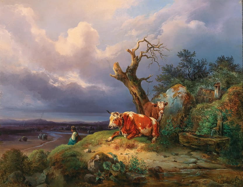 一个牧羊女，在一片广阔的土地上养着两头奶牛