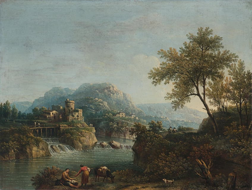 Giovanni Battista Cimaroli - Paesaggio fluviale con figure e un asino