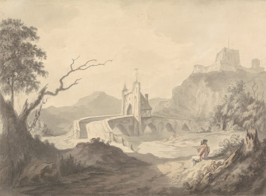 Samuel Davis - River Scene and Bridge with Artist Sketching in Foreground