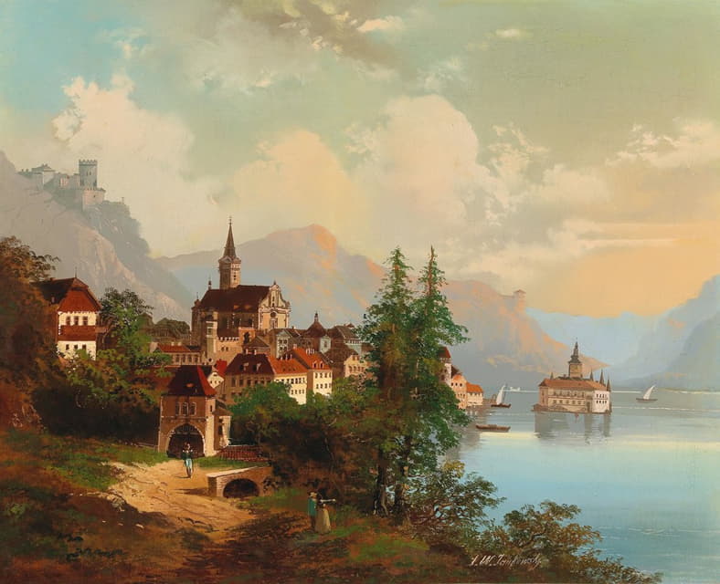 Johann Wilhelm Jankowski - Blick auf eine Stadt und ein Wasserschloss