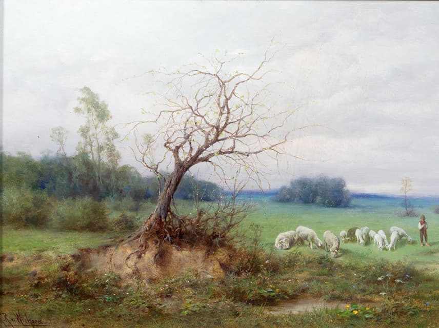 Raimund Ritter von Wichera - Schafherde mit Hirten in einer weiten Landschaft