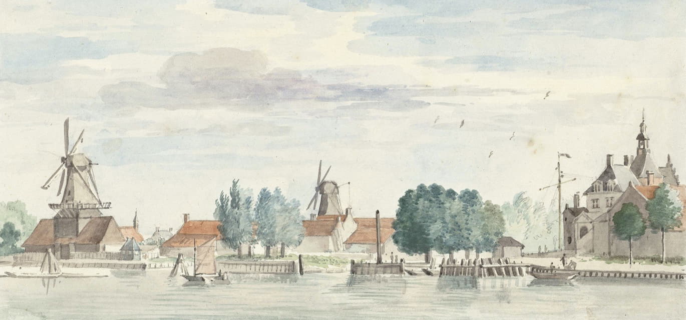 多德雷赫特（Dordrecht）的风光，里埃蒂克斯波特（Rietdijkspoort）和风车尽收眼底