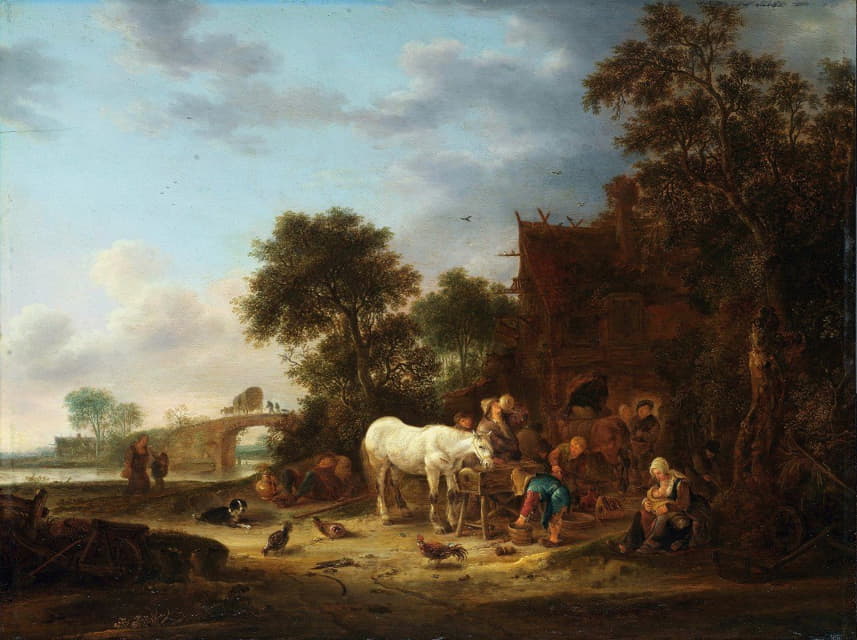 Isaac van Ostade - Country inn with a horse at the trough
