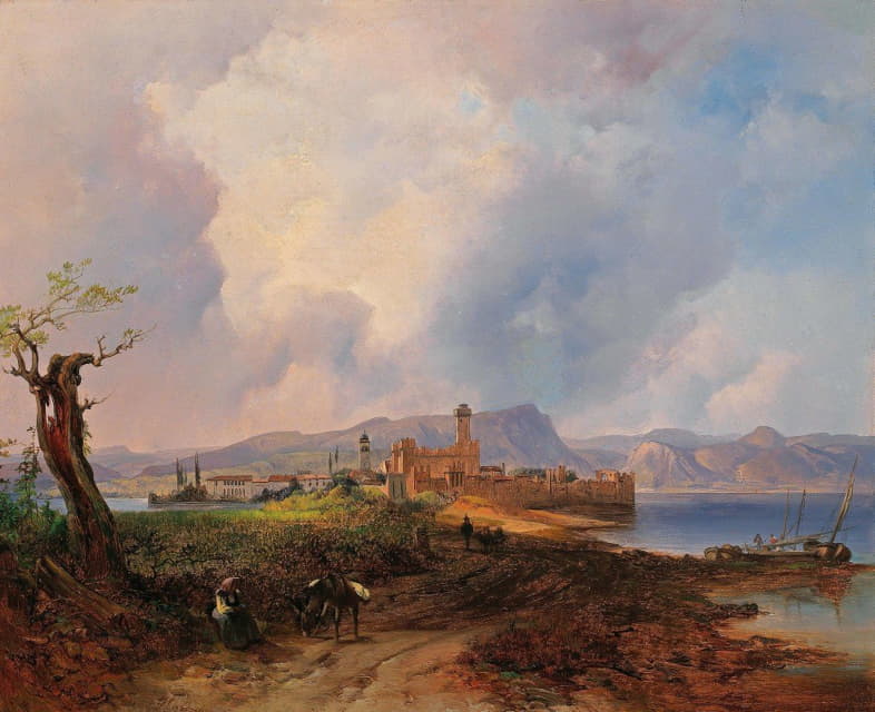 塞尔米奥城堡（Castell Sermio）的全景，位于塞尔米翁湖加尔达岛上